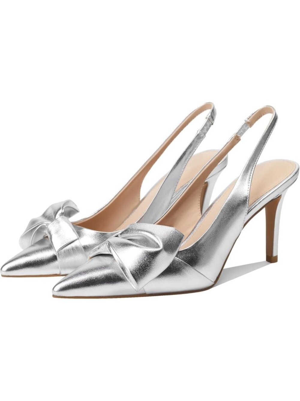 Women's Pu Silver Slingback Heels with Bow Pointed Toe Pumps Dress Shoes